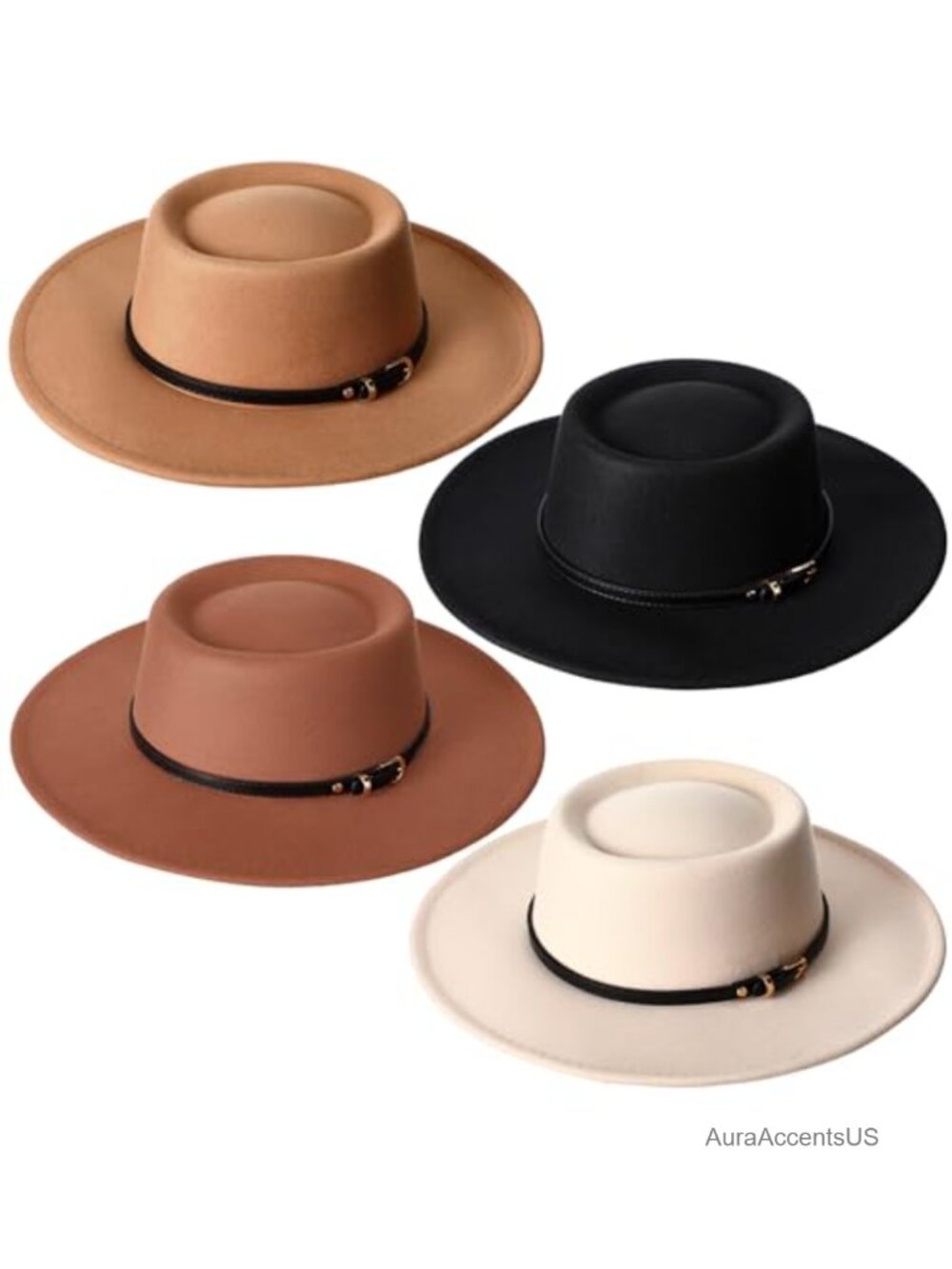 Wool Blend Felt Fedora Hat with Belt Buckle Wide Brim Adjustable